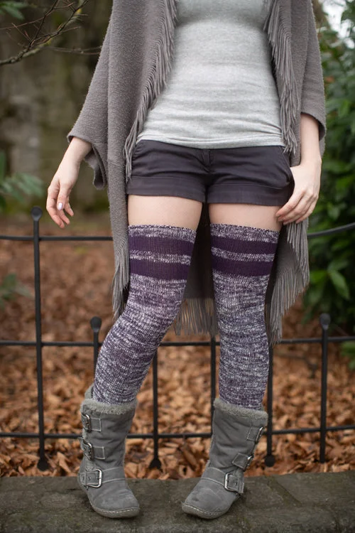 Top-Striped Marled Scrunchable Thigh High Socks - Plum with Plum