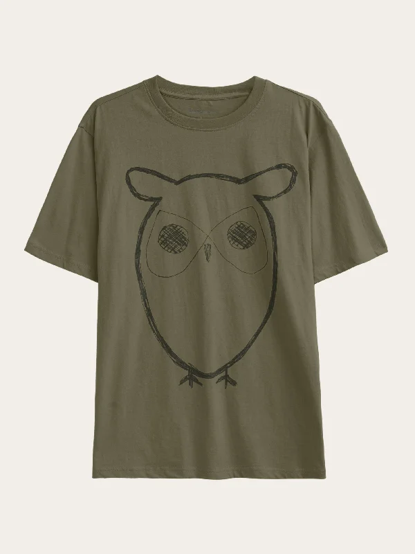 Regular big owl front print t-shirt - GOTS - Burned Olive