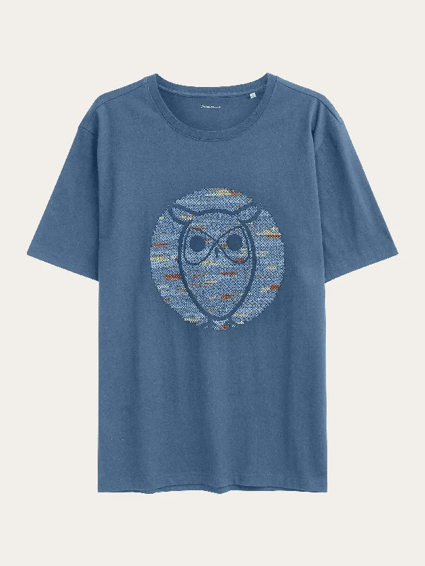 Regular short sleeve heavy single owl cross stitch print t-shirt - GOTS/Vegan - Moonlight Blue