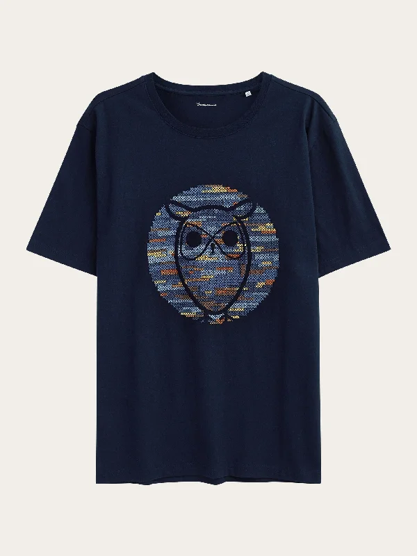 Regular short sleeve heavy single owl cross stitch print t-shirt - GOTS/Vegan - Night Sky